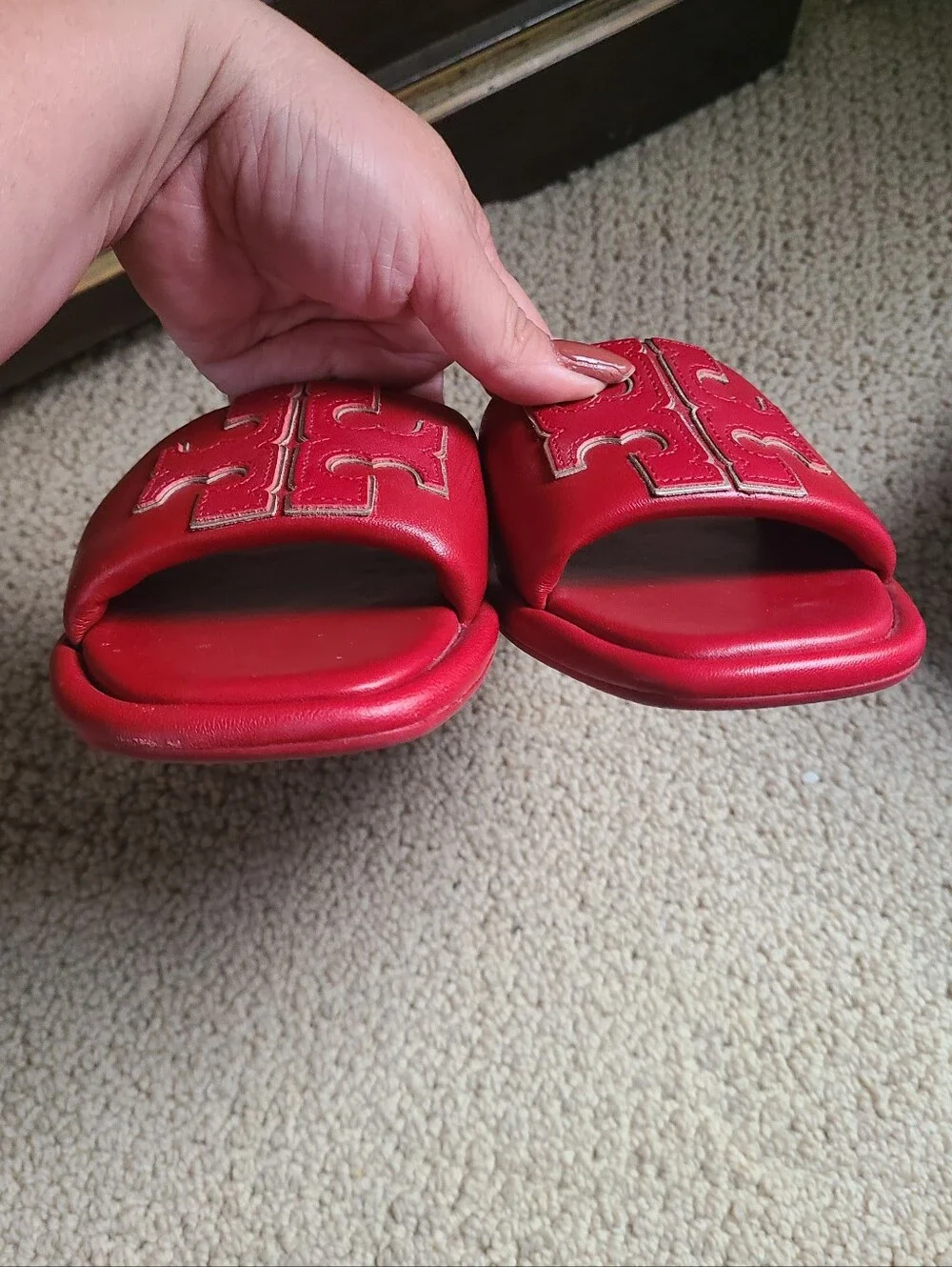 Tory Burch Red Slide Sandals with Gold Logo